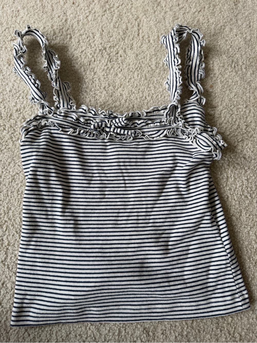 Maeve white and navy striped tank top with ruffles in size S